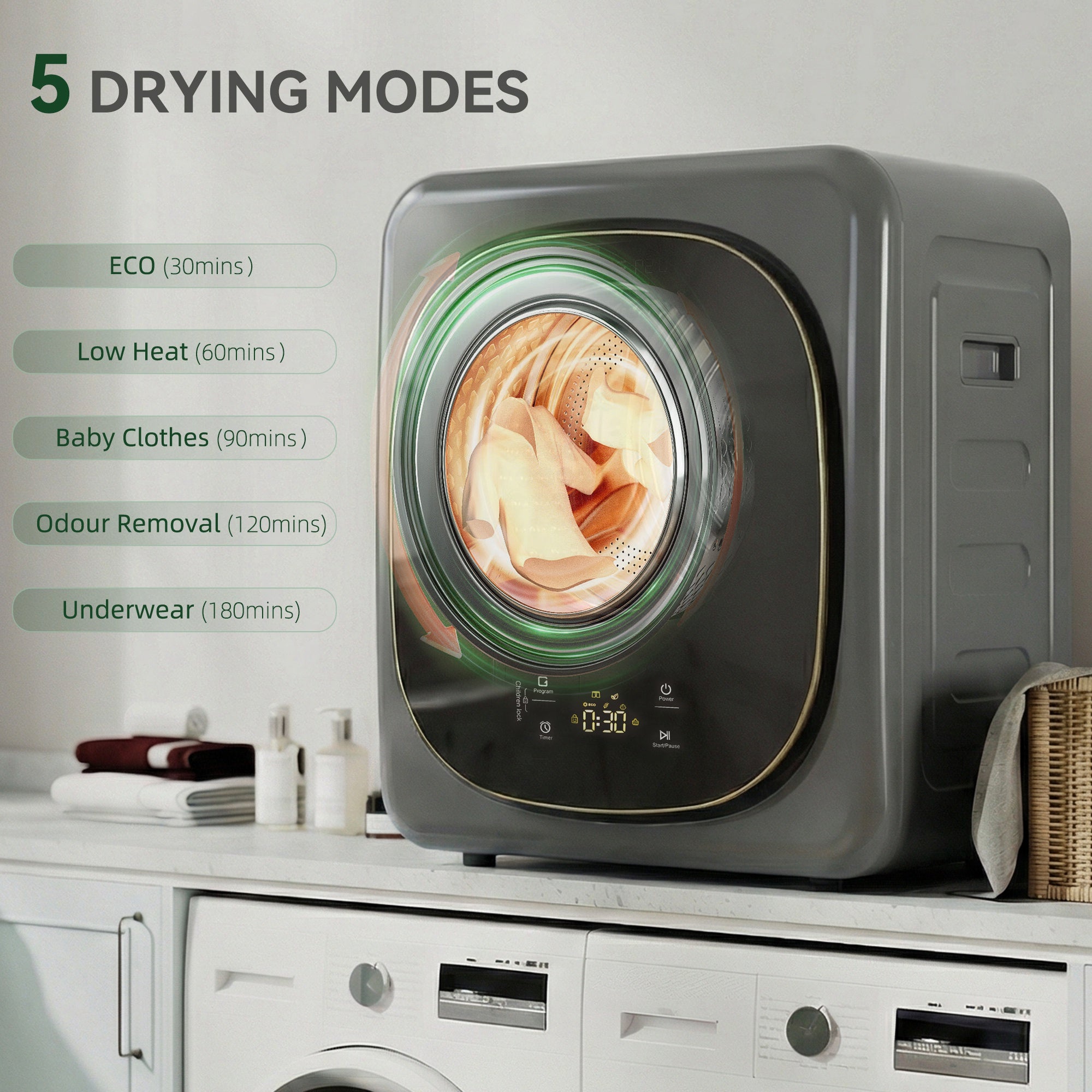 HOMCOM 4kg Vented Tumble Dryer with 5 Drying Mode, 800W Compact Freestanding Front Tumble Dryer, Grey