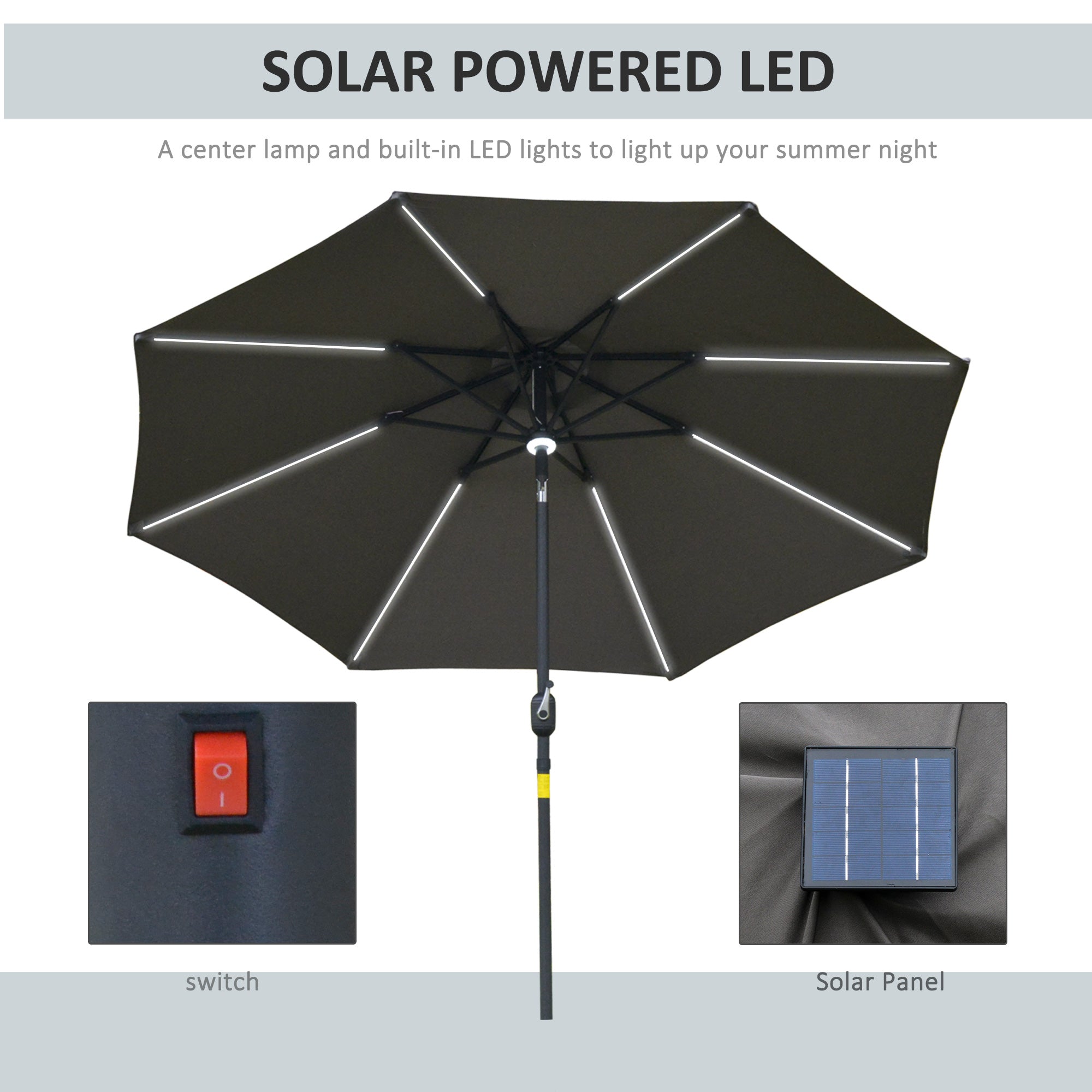 Outsunny 2.7m Garden Parasol Sun Umbrella w/ LED Solar Light Angled Canopy Grey