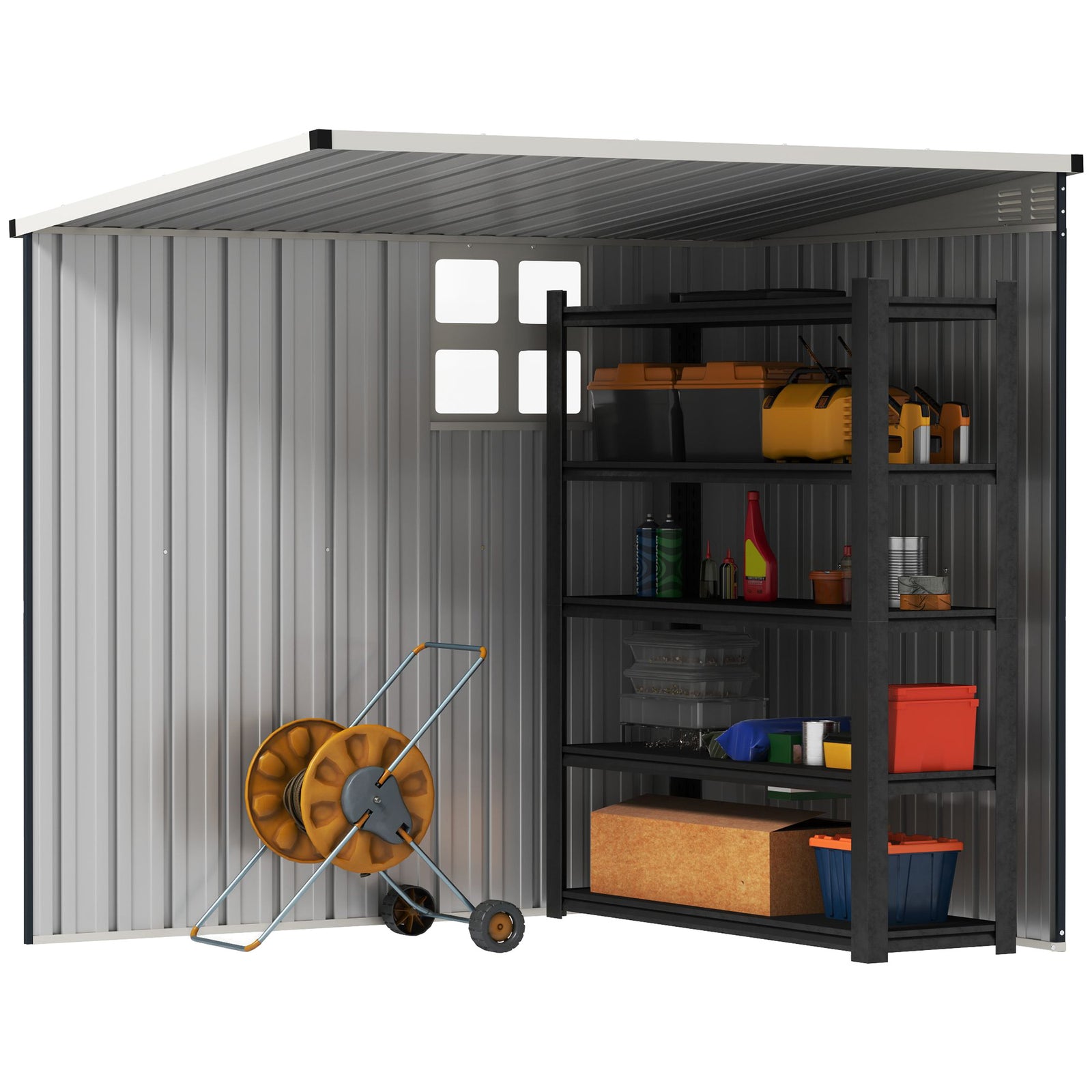 Outsunny 4 x 6ft Lean to Garden Metal Shed, Outdoor Storage Shed with Window, 2 Vents and Lockable Door for Patio, Dark Grey