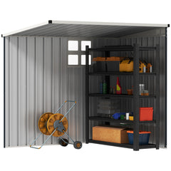 Outsunny 4 x 6ft Lean to Garden Metal Shed, Outdoor Storage Shed with Window, 2 Vents and Lockable Door for Patio, Dark Grey