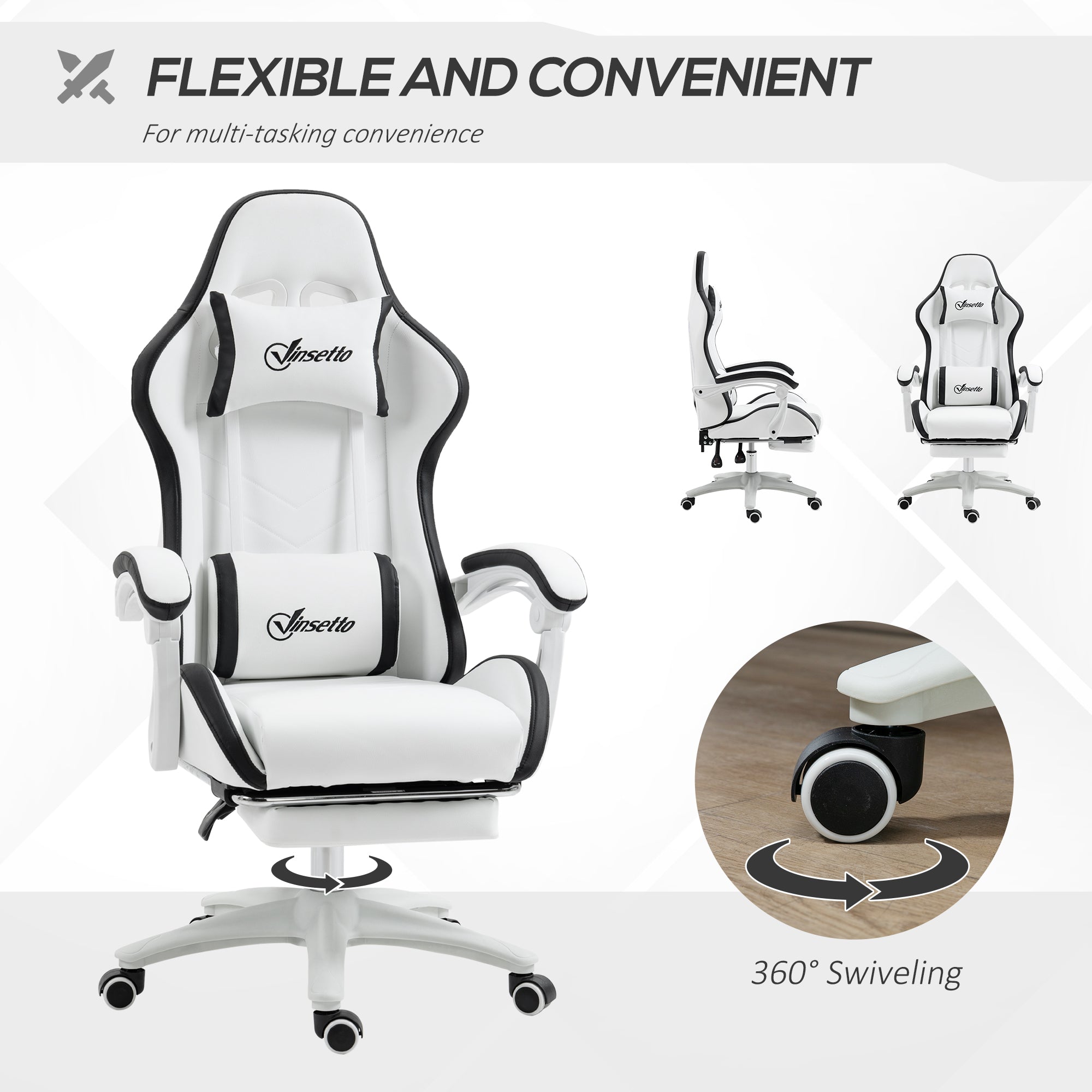 Vinsetto Computer Gaming Chair, PU Leather Office Desk Chair with Footrest, Swivel Wheels, 135√Ç¬∞ Reclining Back, Lumbar Support, Headrest for Home, White and Black