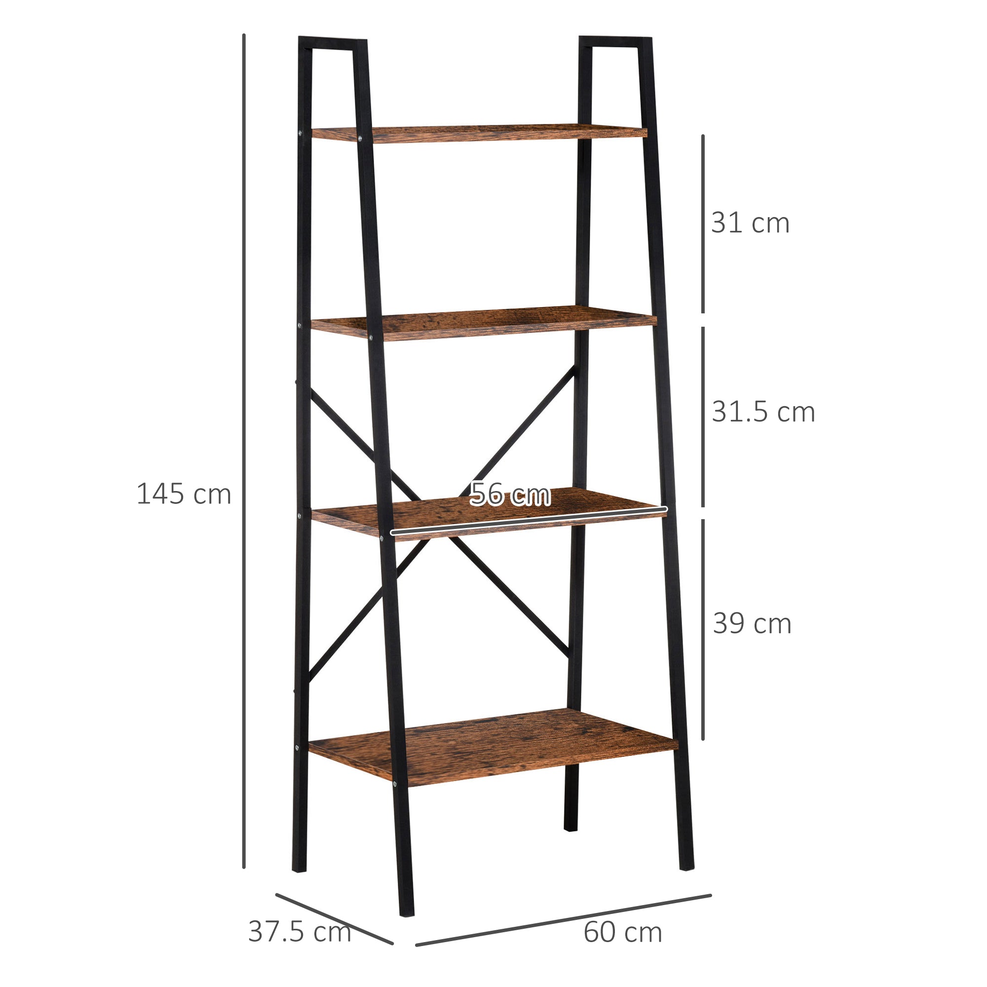 HOMCOM Ladder Shelf, Bookshelf, 4-Tier Industrial Storage Rack for Living Room, Bedroom, Kitchen, Rustic Brown and Black