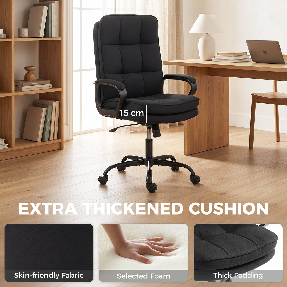 HOMCOM Double Padded Linen-Look Office Chair - Black