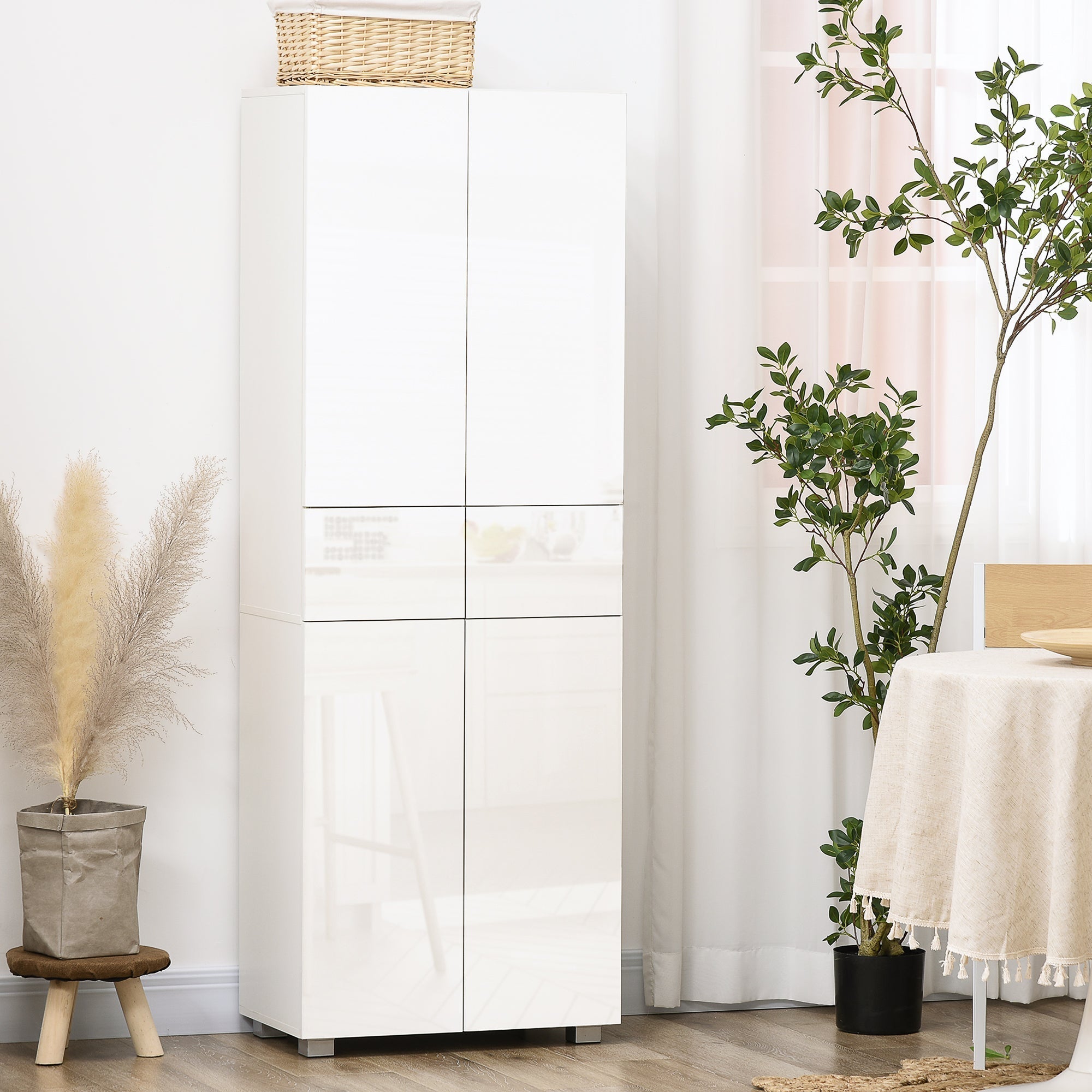 HOMCOM 4-Door Kitchen Cupboard, Tall Freestanding 5-Tier Storage Cabinet with 3 Adjustable Shelves, 2 Drawers for Living Room, Dining Room, Push to Open Design, High Gloss White