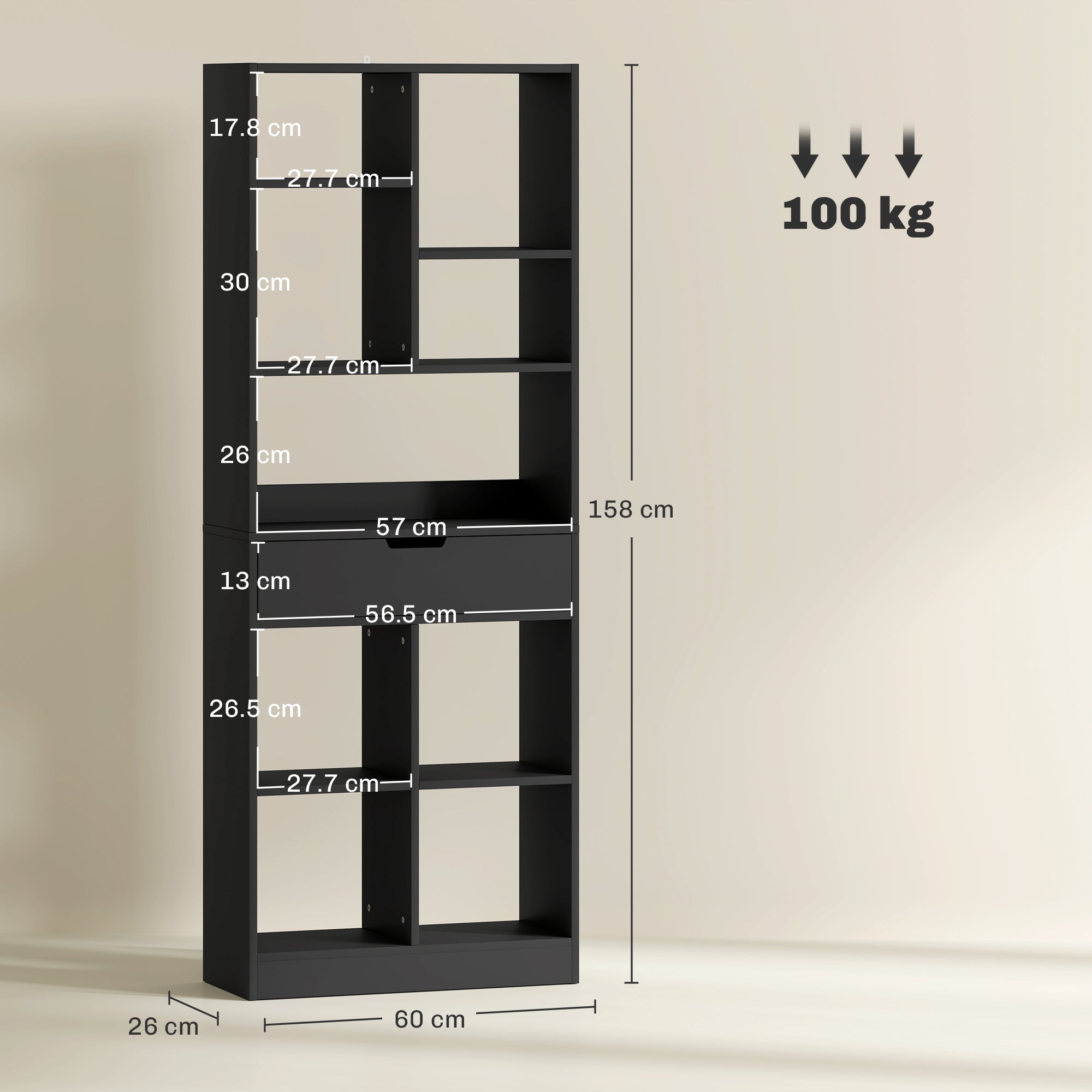HOMCOM Tall Bookshelf with Drawer, Freestanding Bookcase for Bedroom, Living Room, Home Office, Black