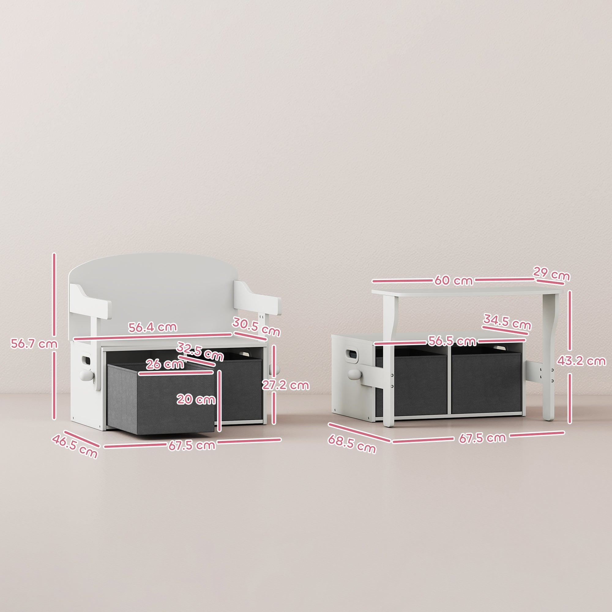 AIYAPLAY 3 in 1 Kids Storage Bench, Convertible Children Table and Chair Set with 2 Fabric Bins, Toy Storage Box, White
