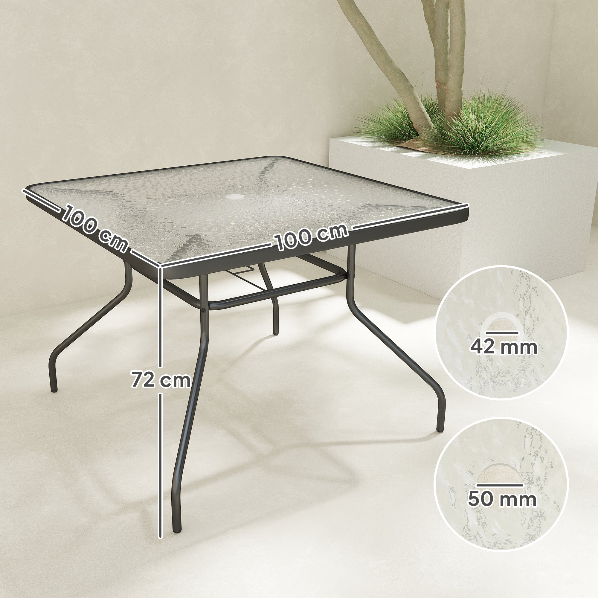 Outsunny Square Garden Dining Table with Tempered Glass Top & Umbrella Hole, 100 x 100 cm