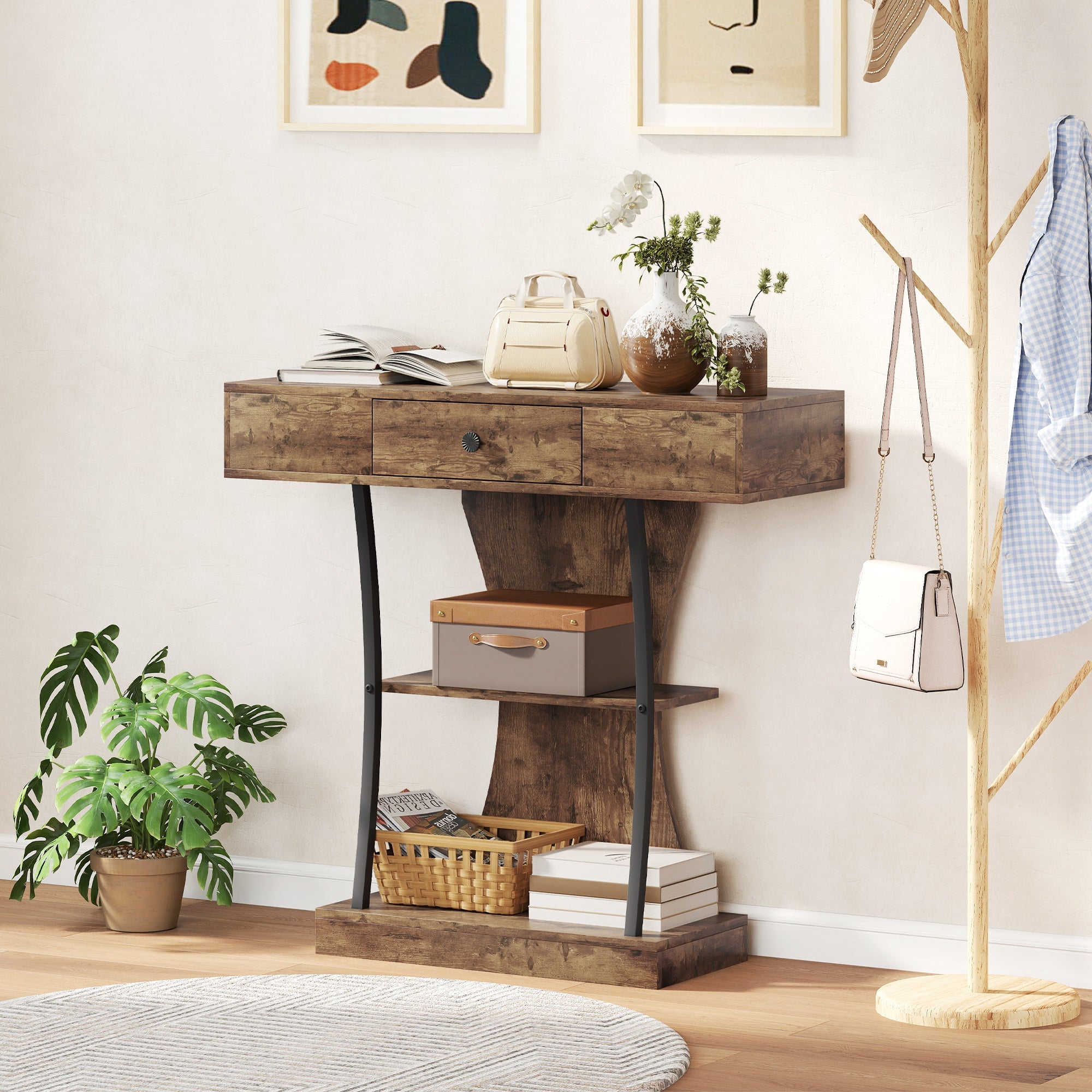 HOMCOM Console Table, 3-Tier Industrial Hallway Table with Drawer, Storage Shelves, 91 x 32 x 87 cm, Rustic Brown