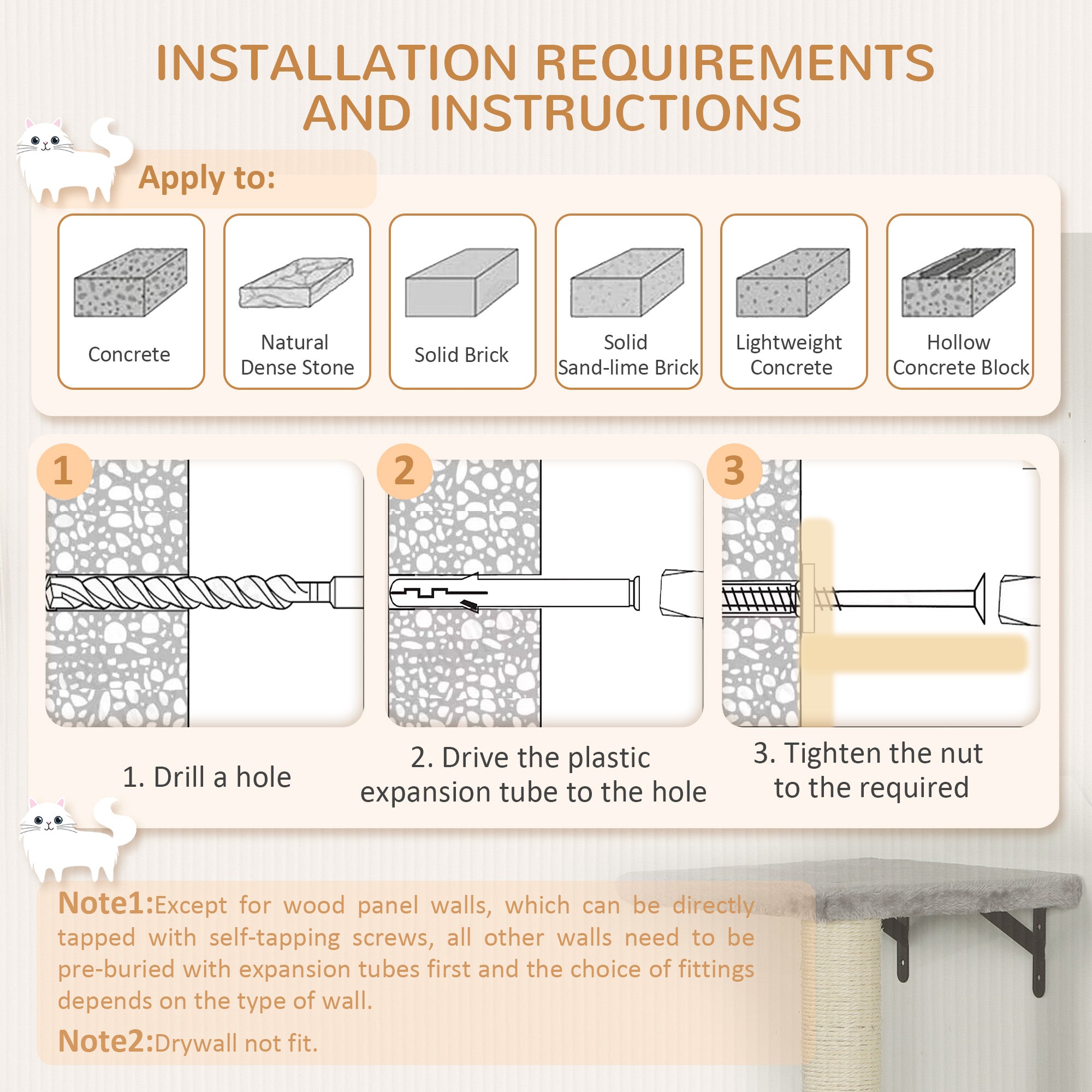 PawHut 6-Piece Cat Wall Shelves Set with Condo, Cat Wall Furniture with Platforms, Sisal Scratching Post, Bed, Toy Ball, Grey
