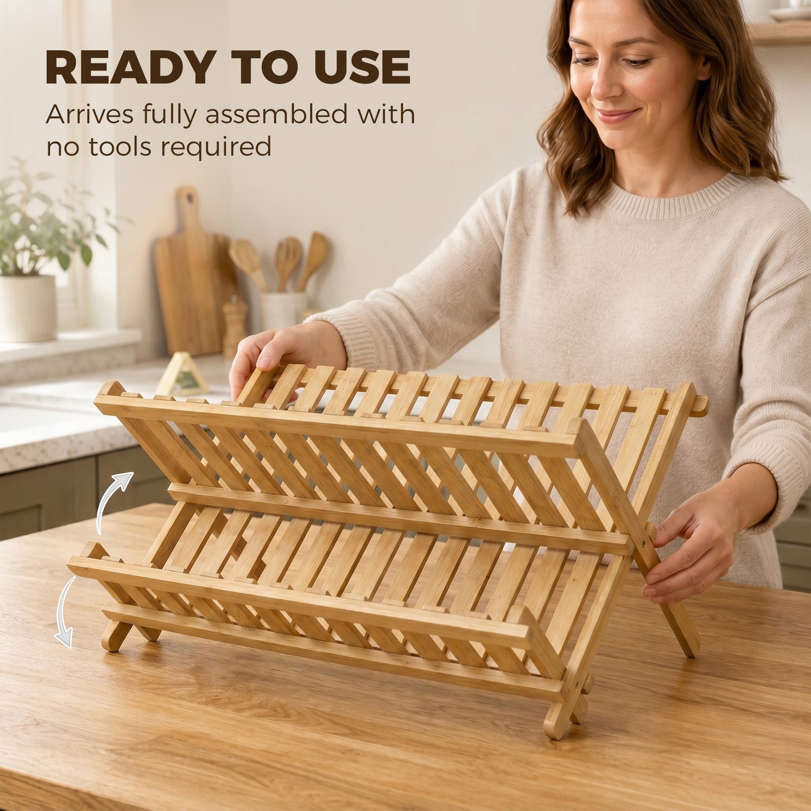 HOMCOM Kitchen Storage Unit, 2-Tier Foldable Kitchen Storage Rack with Slatted Draining Shelves, Natural Wood Finish