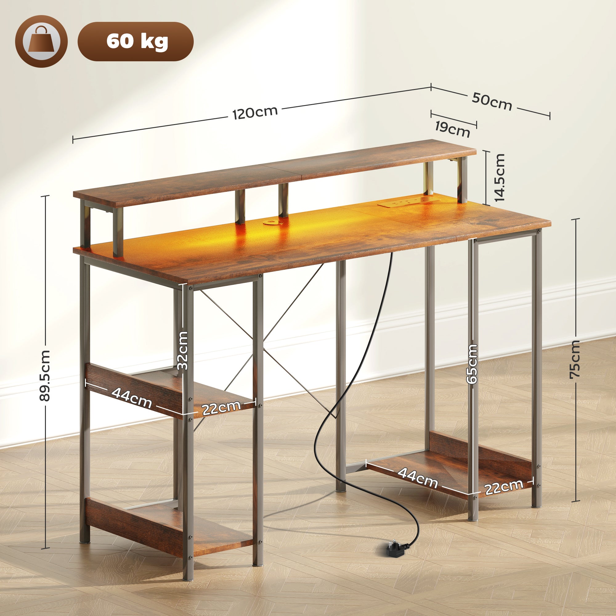 HOMCOM LED Computer Desk, with Power Outlets and Shelves - Rustic Brown