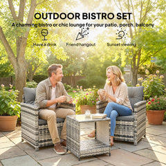 Outsunny Rattan Bistro Set, 3 Piece Garden Furniture Set with 2 Tier Glass Top Table and Cushions, Mixed Grey