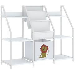 AIYAPLAY Kids Bookshelf and Toy Storage with 3-Tier Sling Book Rack and Fabric Drawer for Nursery, Bedroom, Playroom, White