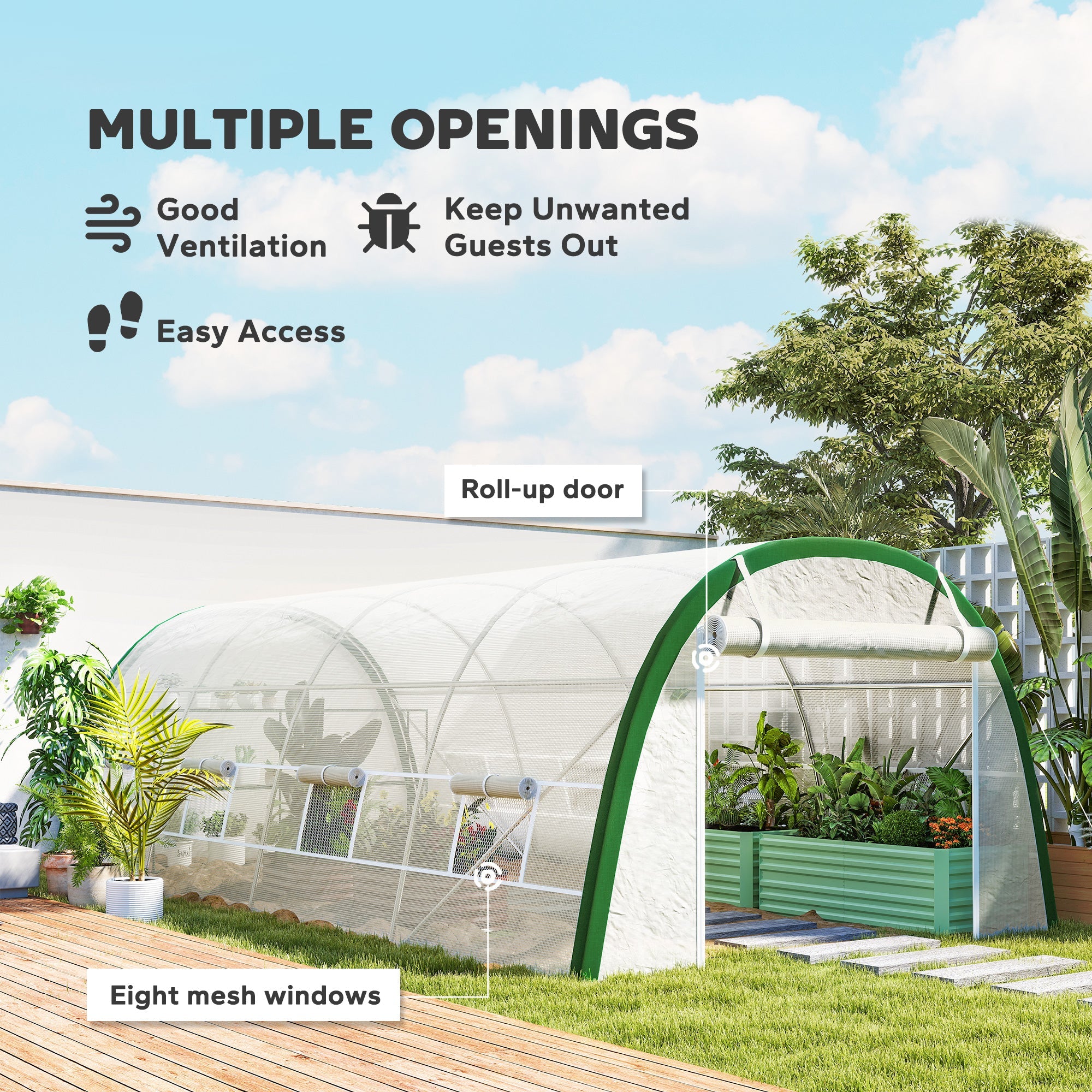 Outsunny Walk-in Polytunnel Greenhouse Tunnel Warm House Tent with Zipped Doors, 8 Mesh Windows, PE Cover, 6 x 3 m, White