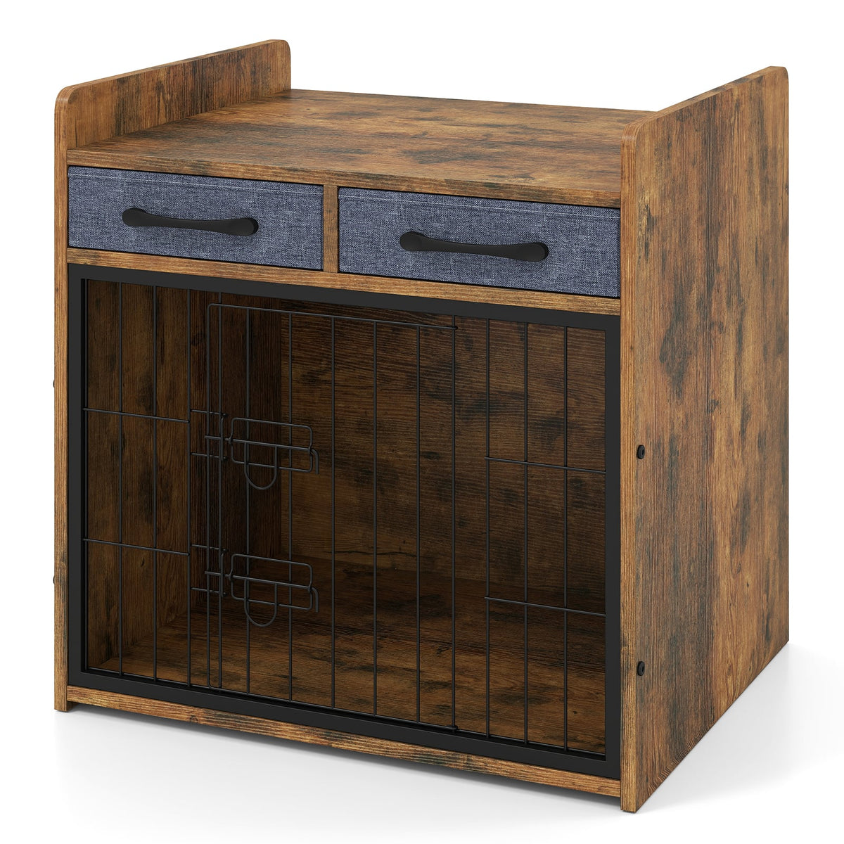 Indoor Dog Cage with 2 Fabric Drawers and Lockable Door-Rustic Brown