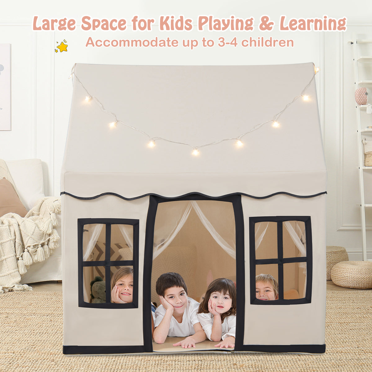 Indoor Kids Play Tent with Star Lights for Children Boys Girls Gift-Beige