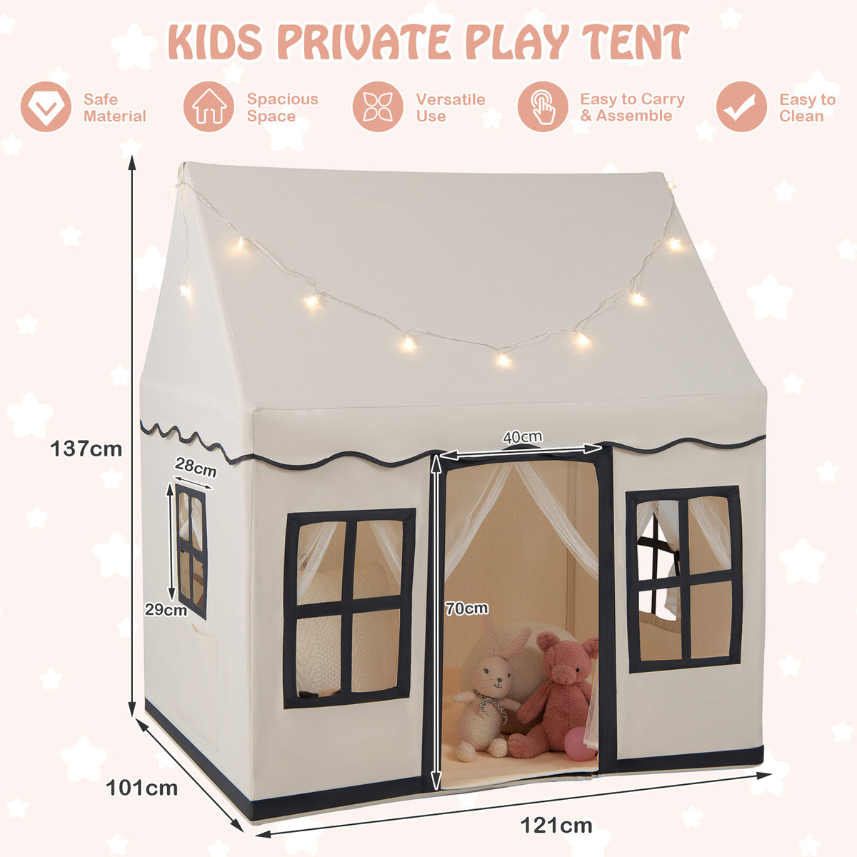 Indoor Kids Play Tent with Star Lights for Children Boys Girls Gift-Beige