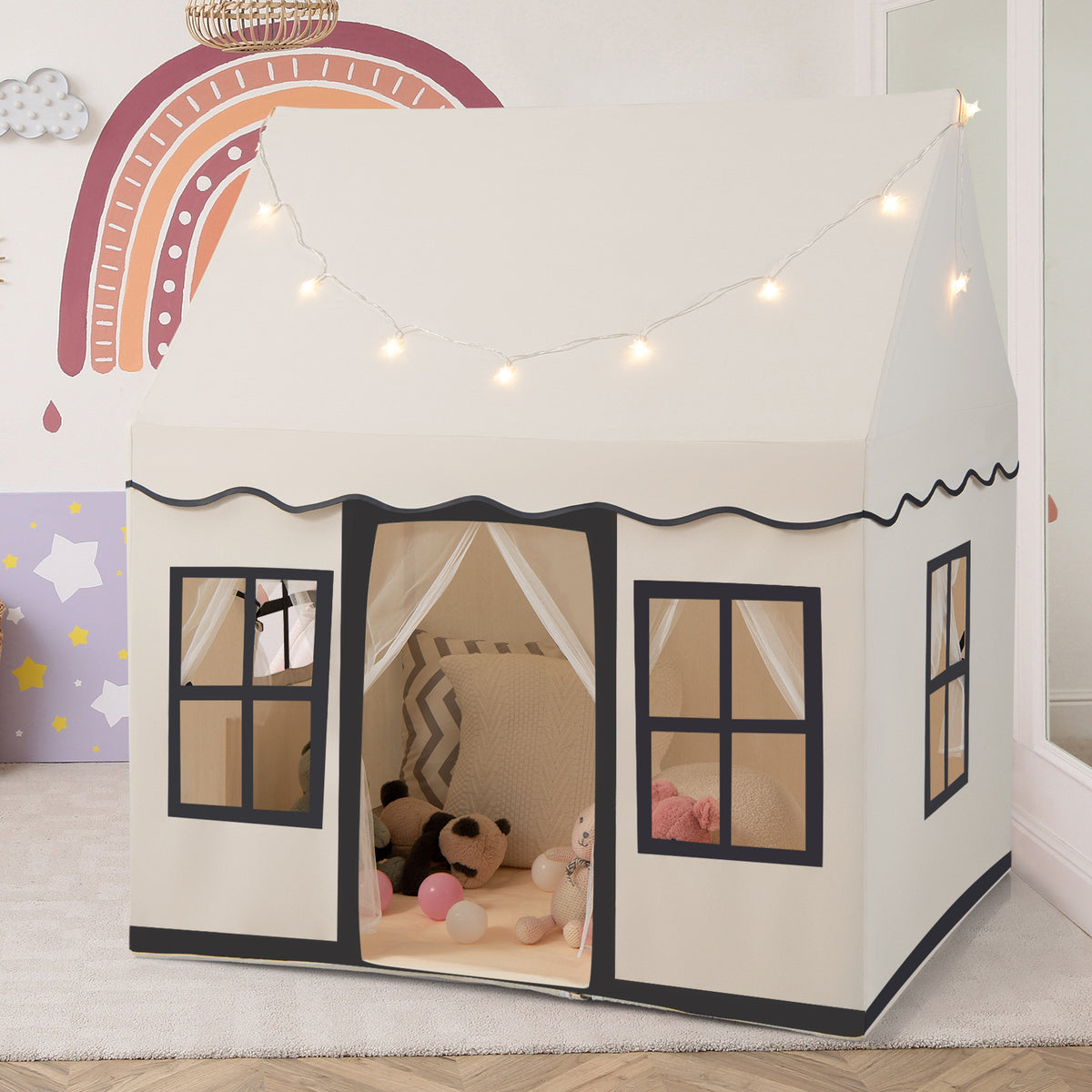 Indoor Kids Play Tent with Star Lights for Children Boys Girls Gift-Beige