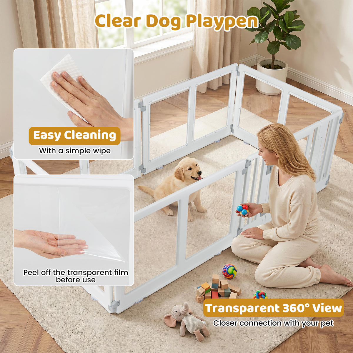 Indoor Outdoor Transparent Puppy Play Pen Pet Fence for Small to Medium Dogs-6 Panels
