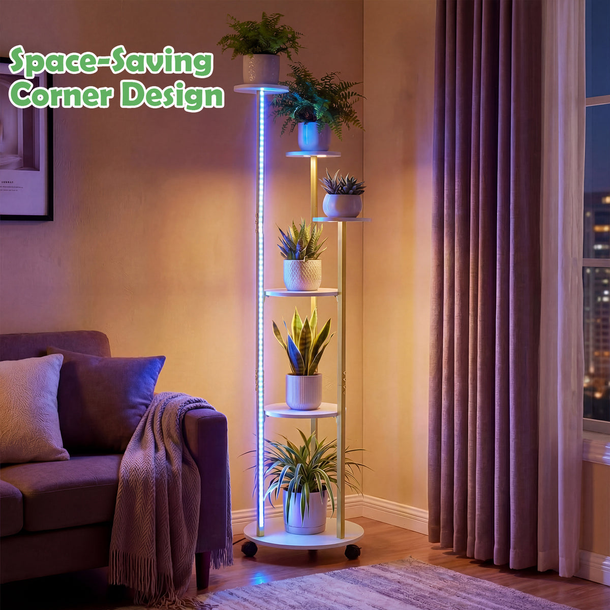 Indoor Plant Stand 6-Tier Corner Shelf with Locking Wheels-White