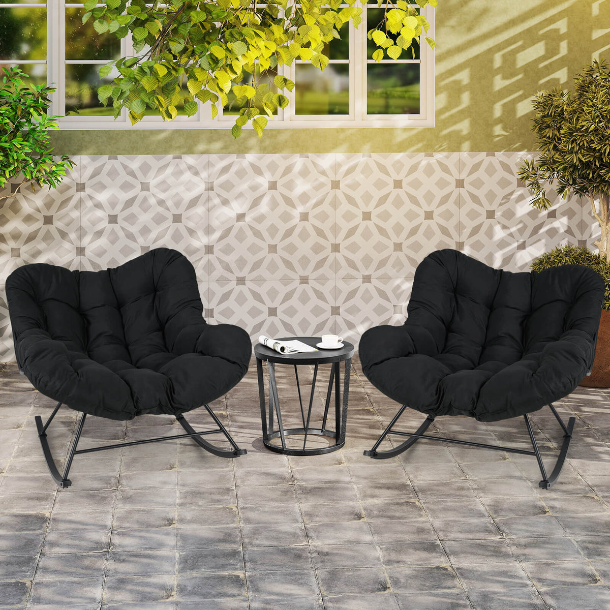 Indoor Outdoor Rocking Chair Oversized Egg Papasan Chair-Black