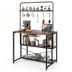 Industrial Bakers Rack Storage Island with Pull-out Basket and 6 Hooks for Home-Black