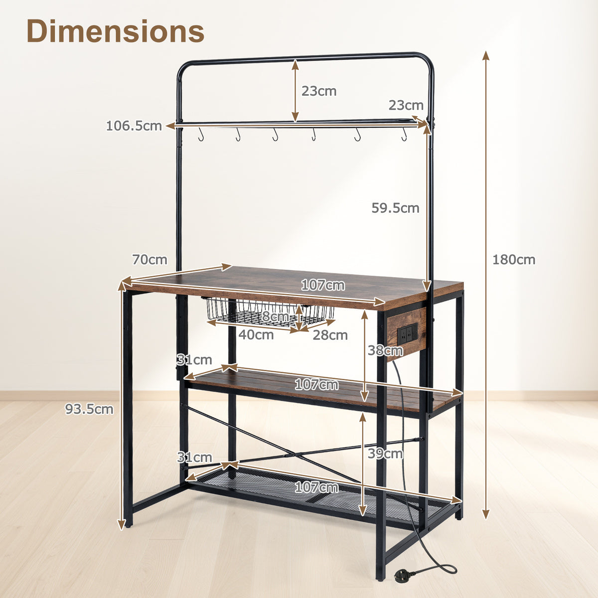 Industrial Bakers Rack Storage Island with Pull-out Basket and 6 Hooks for Home-Black