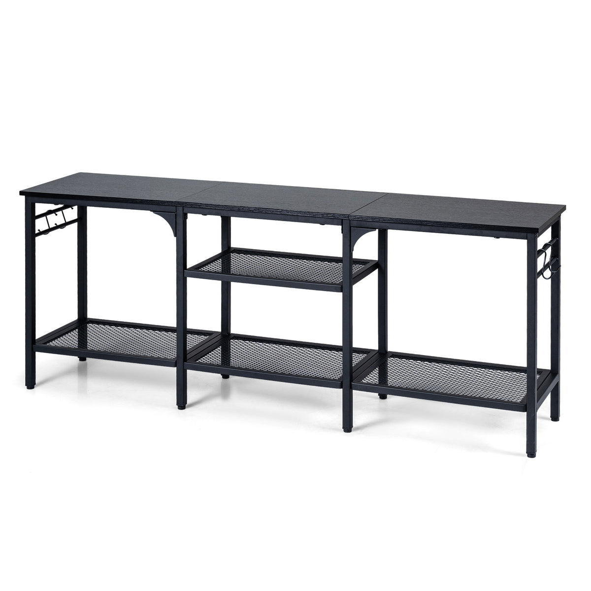 Industrial Entertainment TV Stand for 65" TVs with Metal Mesh Shelves and 4 Hanging Hooks-Black