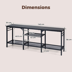 Industrial Entertainment TV Stand for 65" TVs with Metal Mesh Shelves and 4 Hanging Hooks-Black