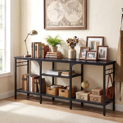 Industrial Entertainment TV Stand for 65" TVs with Metal Mesh Shelves and 4 Hanging Hooks-Black