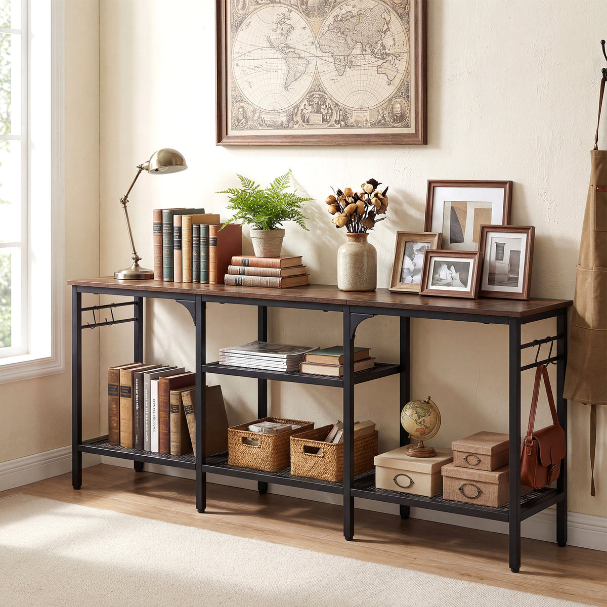 Industrial Entertainment TV Stand for 65" TVs with Metal Mesh Shelves and 4 Hanging Hooks-Rustic Brown