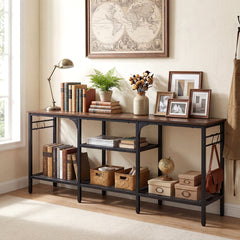 Industrial Entertainment TV Stand for 65" TVs with Metal Mesh Shelves and 4 Hanging Hooks-Rustic Brown
