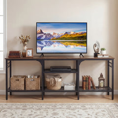 Industrial Entertainment TV Stand for 65" TVs with Metal Mesh Shelves and 4 Hanging Hooks-Rustic Brown