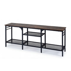 Industrial Entertainment TV Stand for 65" TVs with Metal Mesh Shelves and 4 Hanging Hooks-Rustic Brown