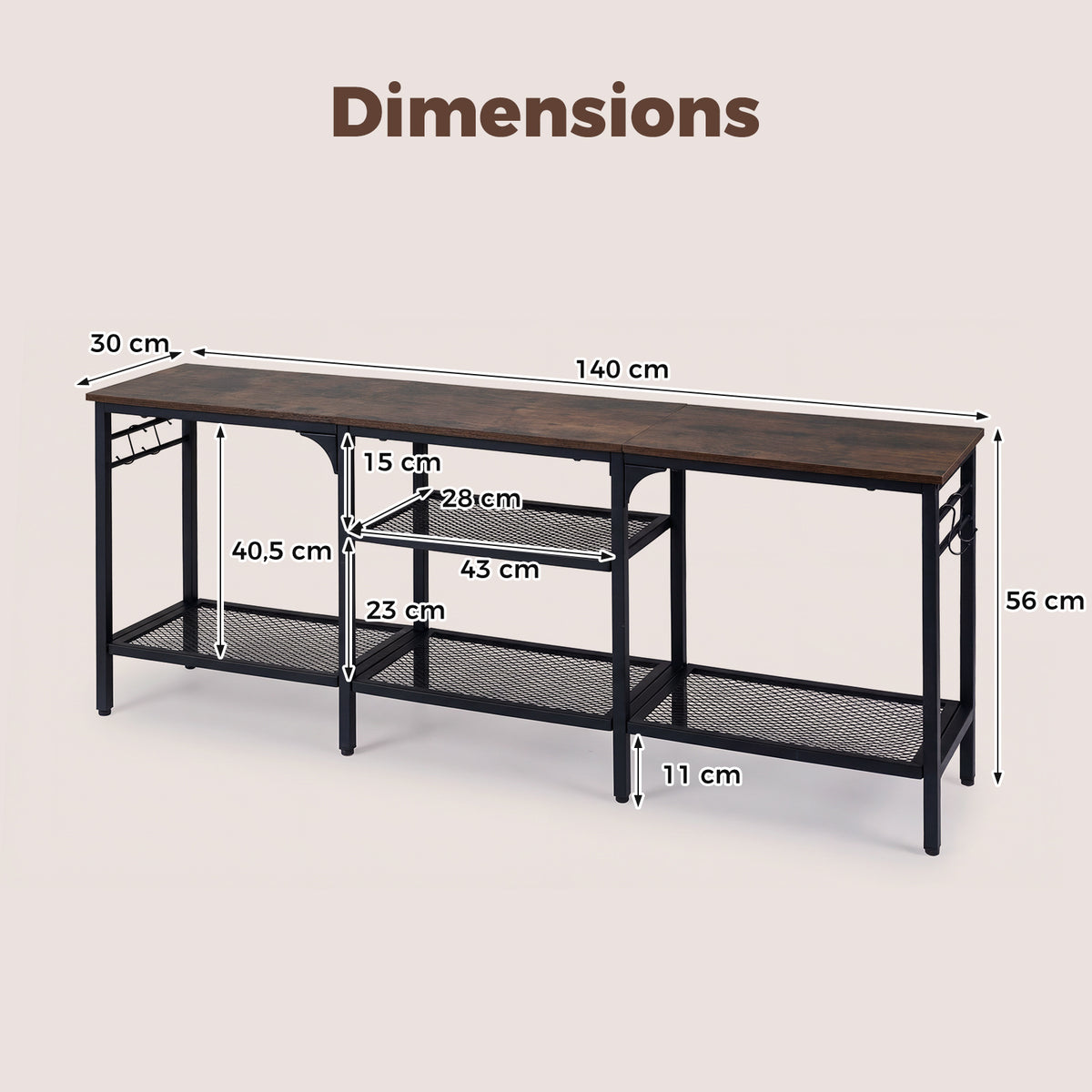 Industrial Entertainment TV Stand for 65" TVs with Metal Mesh Shelves and 4 Hanging Hooks-Rustic Brown