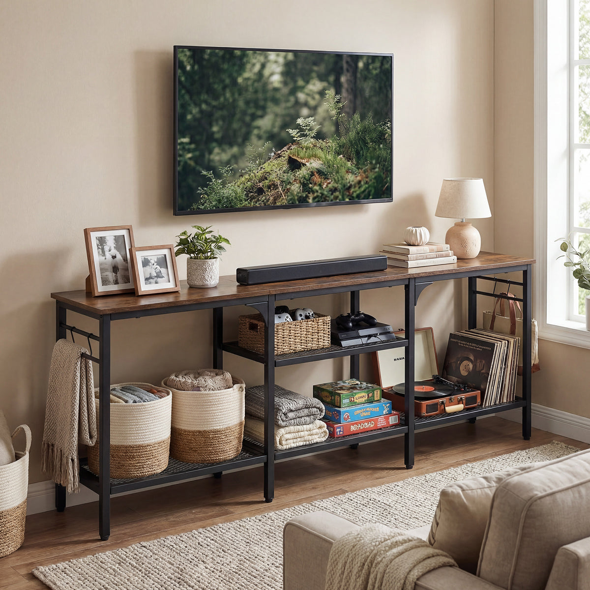 Industrial Entertainment TV Stand for 65" TVs with Metal Mesh Shelves and 4 Hanging Hooks-Rustic Brown