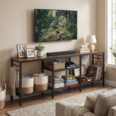 Industrial Entertainment TV Stand for 65" TVs with Metal Mesh Shelves and 4 Hanging Hooks-Rustic Brown