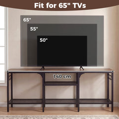 Industrial Entertainment TV Stand for 65" TVs with Metal Mesh Shelves and 4 Hanging Hooks-Rustic Brown