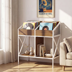 Industrial Magazine Books Record Holder with Metal Frame and Anti-tip Kits Holds up to 250 Albums-Natural
