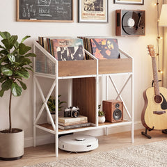 Industrial Magazine Books Record Holder with Metal Frame and Anti-tip Kits Holds up to 250 Albums-Natural