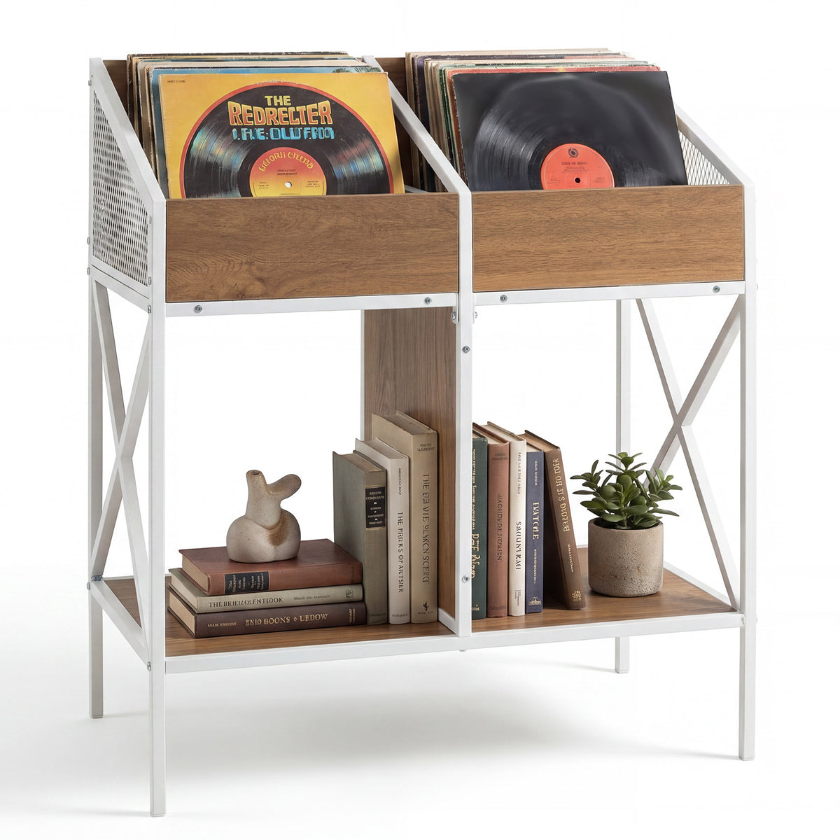 Industrial Magazine Books Record Holder with Metal Frame and Anti-tip Kits Holds up to 250 Albums-Natural