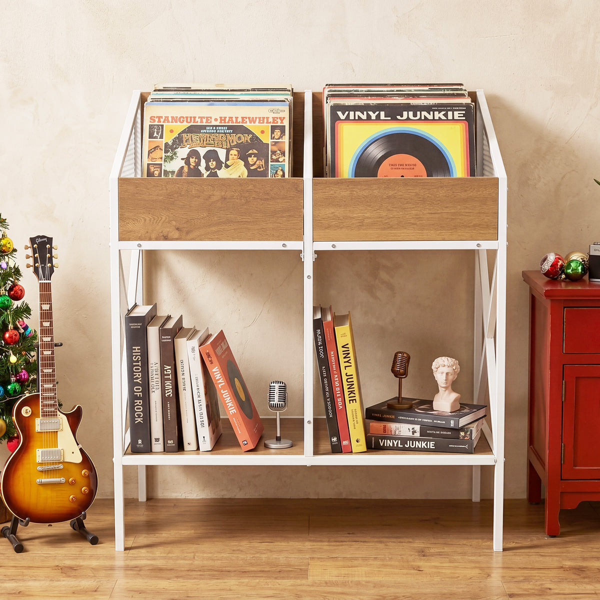 Industrial Magazine Books Record Holder with Metal Frame and Anti-tip Kits Holds up to 250 Albums-Natural