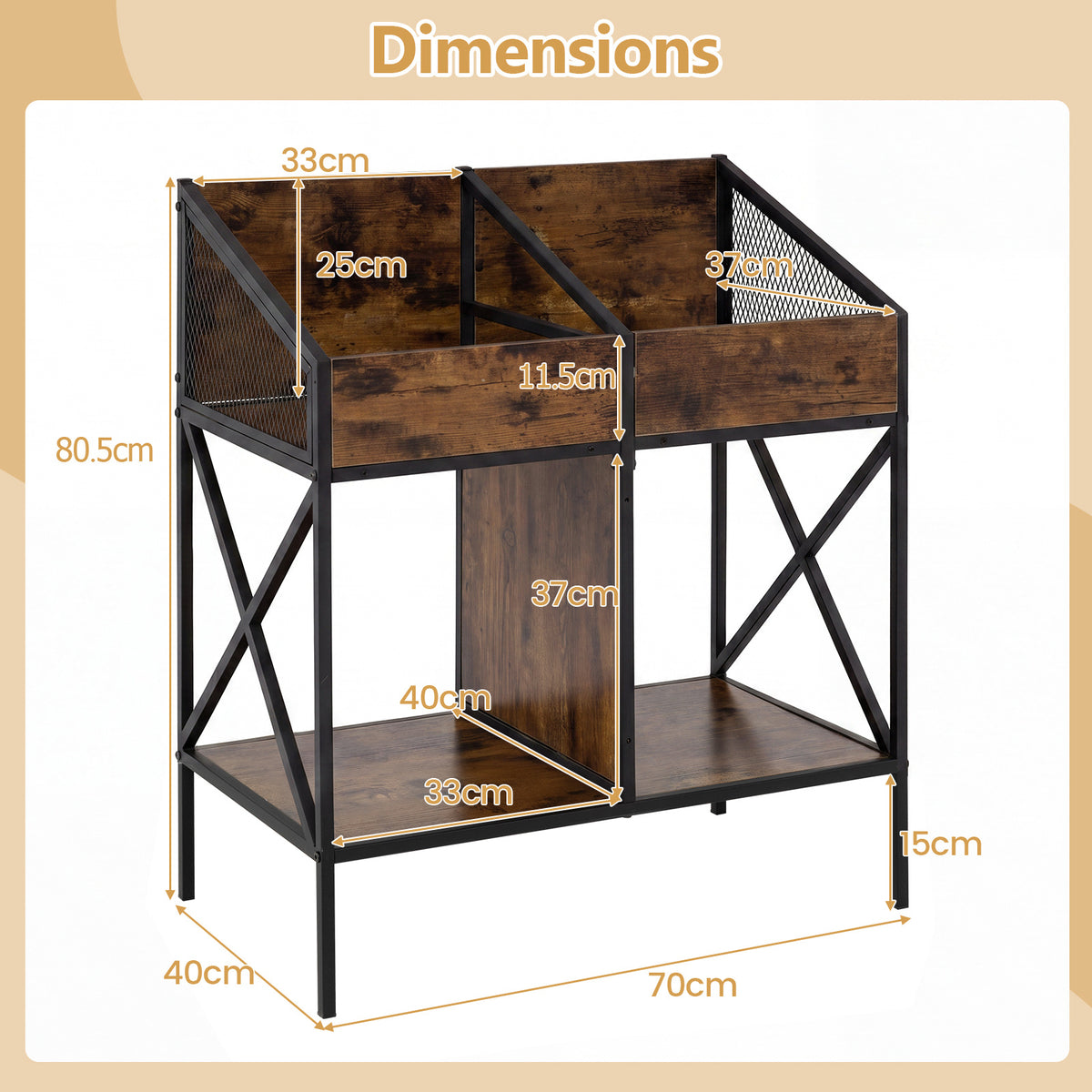 Industrial Magazine Books Record Holder with Metal Frame and Anti-tip Kits Holds up to 250 Albums-Rustic Brown