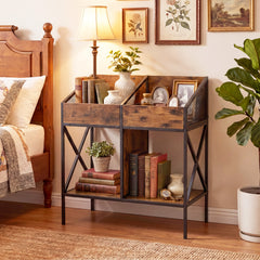 Industrial Magazine Books Record Holder with Metal Frame and Anti-tip Kits Holds up to 250 Albums-Rustic Brown