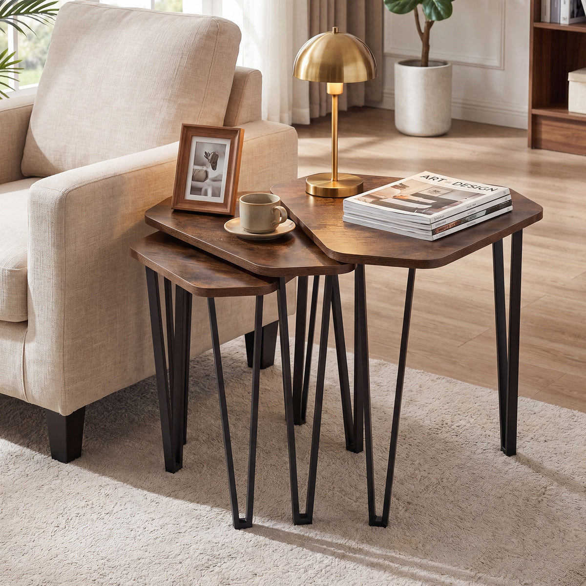 Industrial Nesting Coffee Table Set of 3 with Thick Tabletop and Metal Frame, for Small Spaces-Rustic Brown