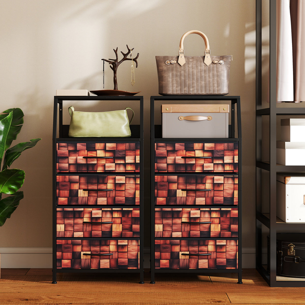 Industrial Nightstand Tall Dresser with 4 Fabric Drawers-Brown