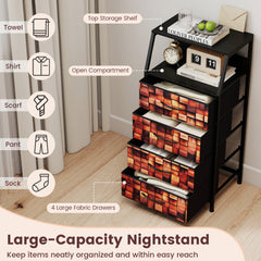 Industrial Nightstand Tall Dresser with 4 Fabric Drawers-Brown
