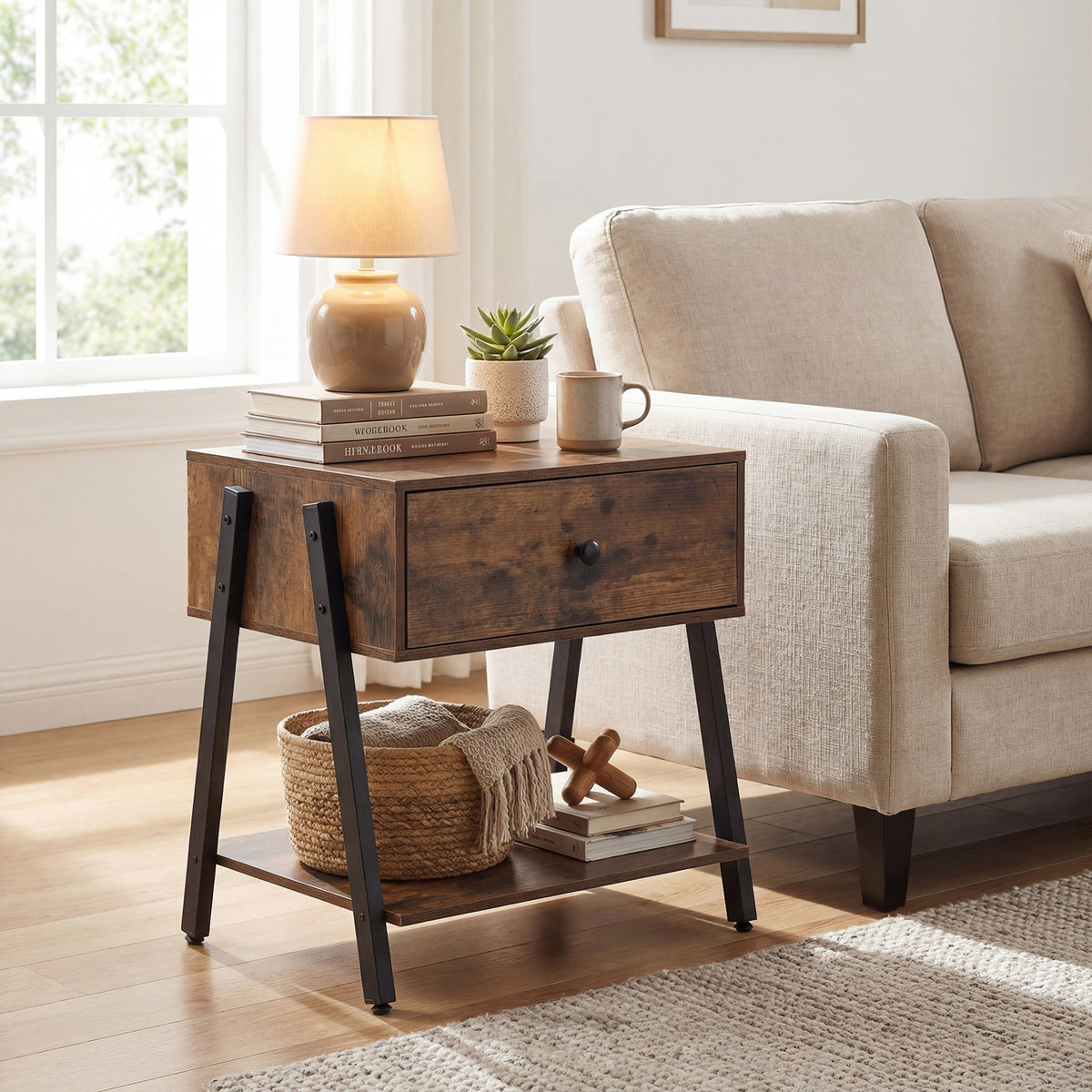 Industrial Nightstand with Drawer and Open Shelf & Adjustable Foot Pads-Rustic Brown