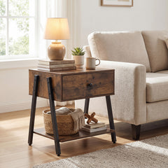Industrial Nightstand with Drawer and Open Shelf & Adjustable Foot Pads-Rustic Brown