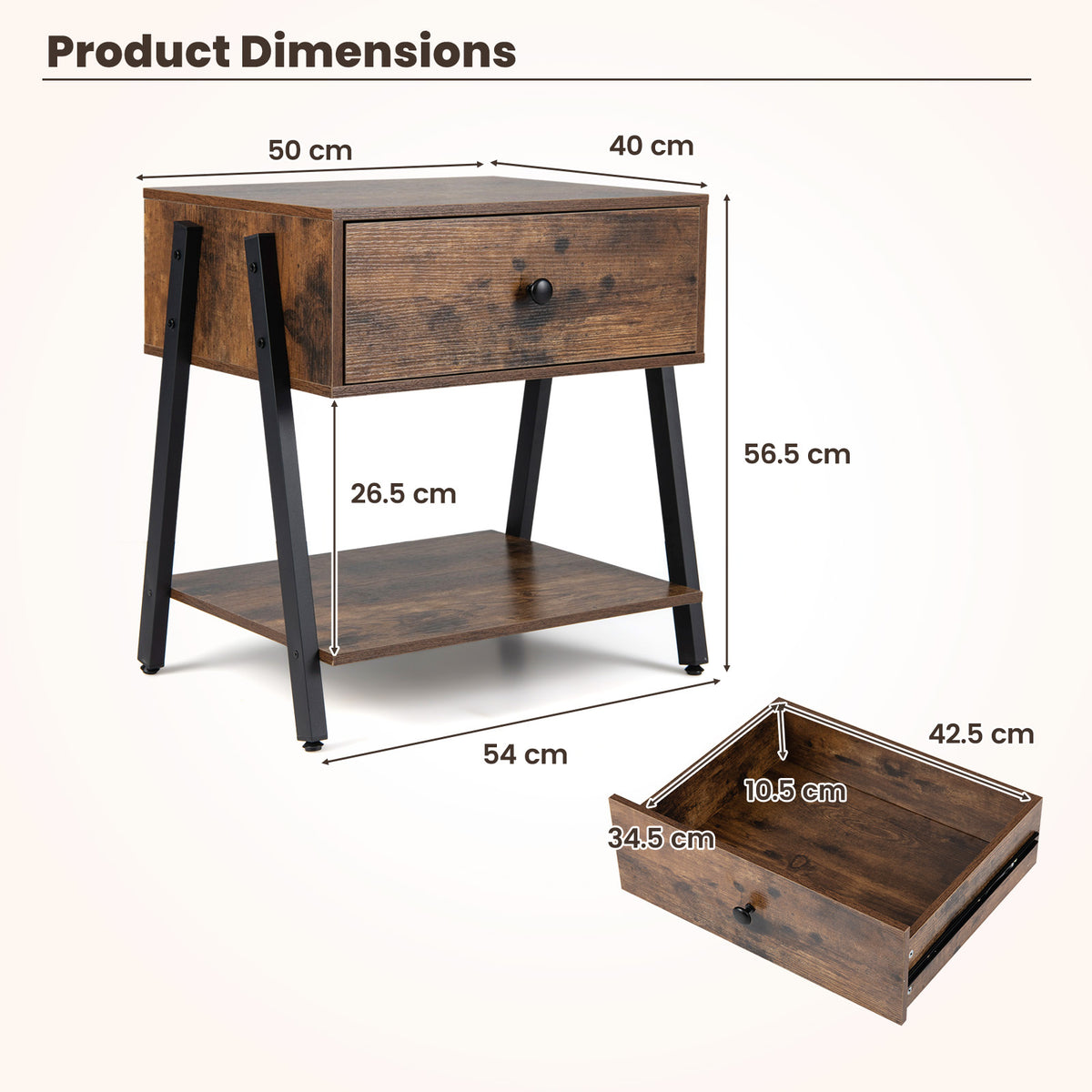 Industrial Nightstand with Drawer and Open Shelf & Adjustable Foot Pads-Rustic Brown